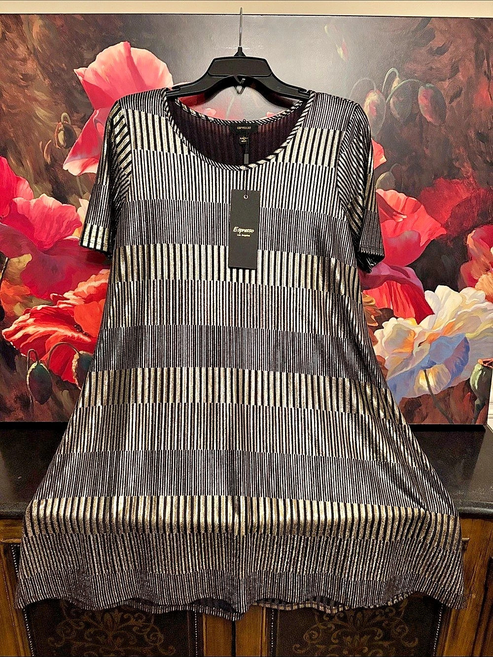 Espresso Striped Mini Dress in Black & Gold Size Large NWT